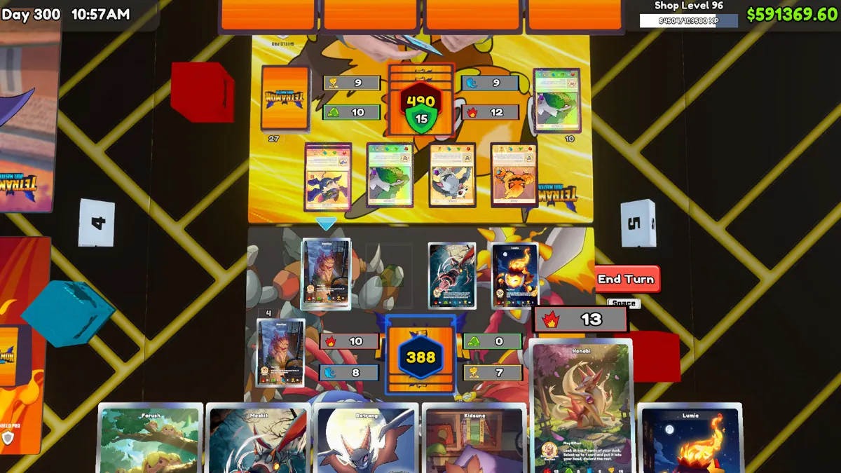 Tetramon duel with four elemental lanes and cards in hand